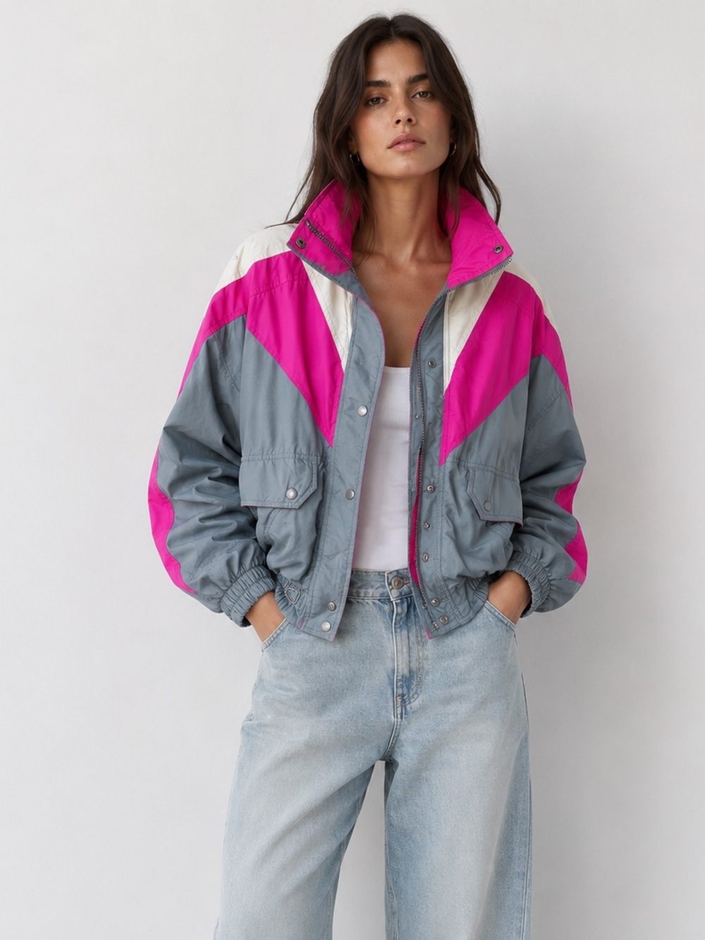 Vintage St. John’s Bay Neon Puffer Ski Jacket Pink Gray White Sz S Made in Korea